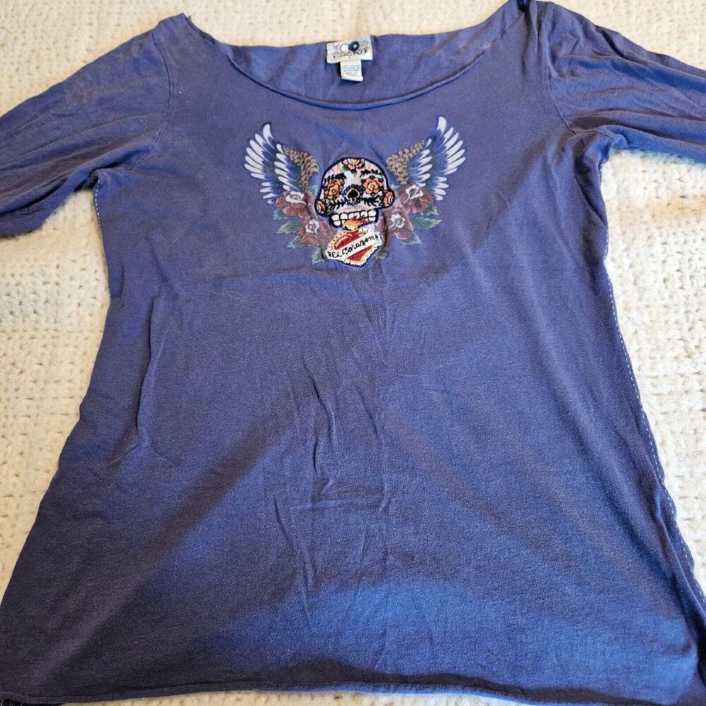 Lucky Skull Tee Top T-Shirt Rose's & Wings Grunge Sz L